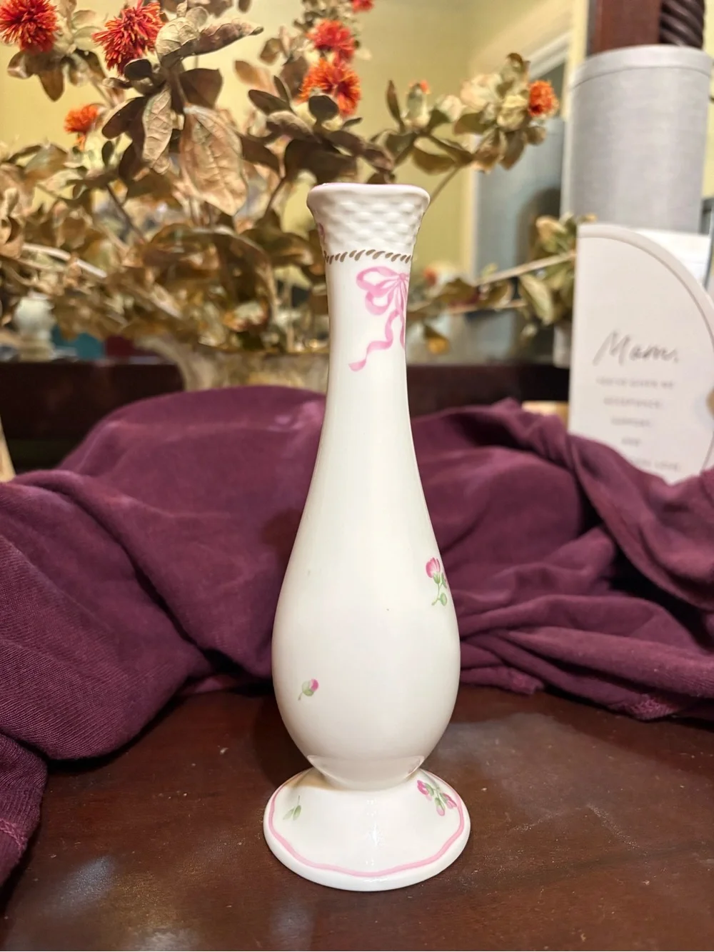 Lenox Petite Suite White Bone China Bud Vase with Pink Ribbon and Floral Accents